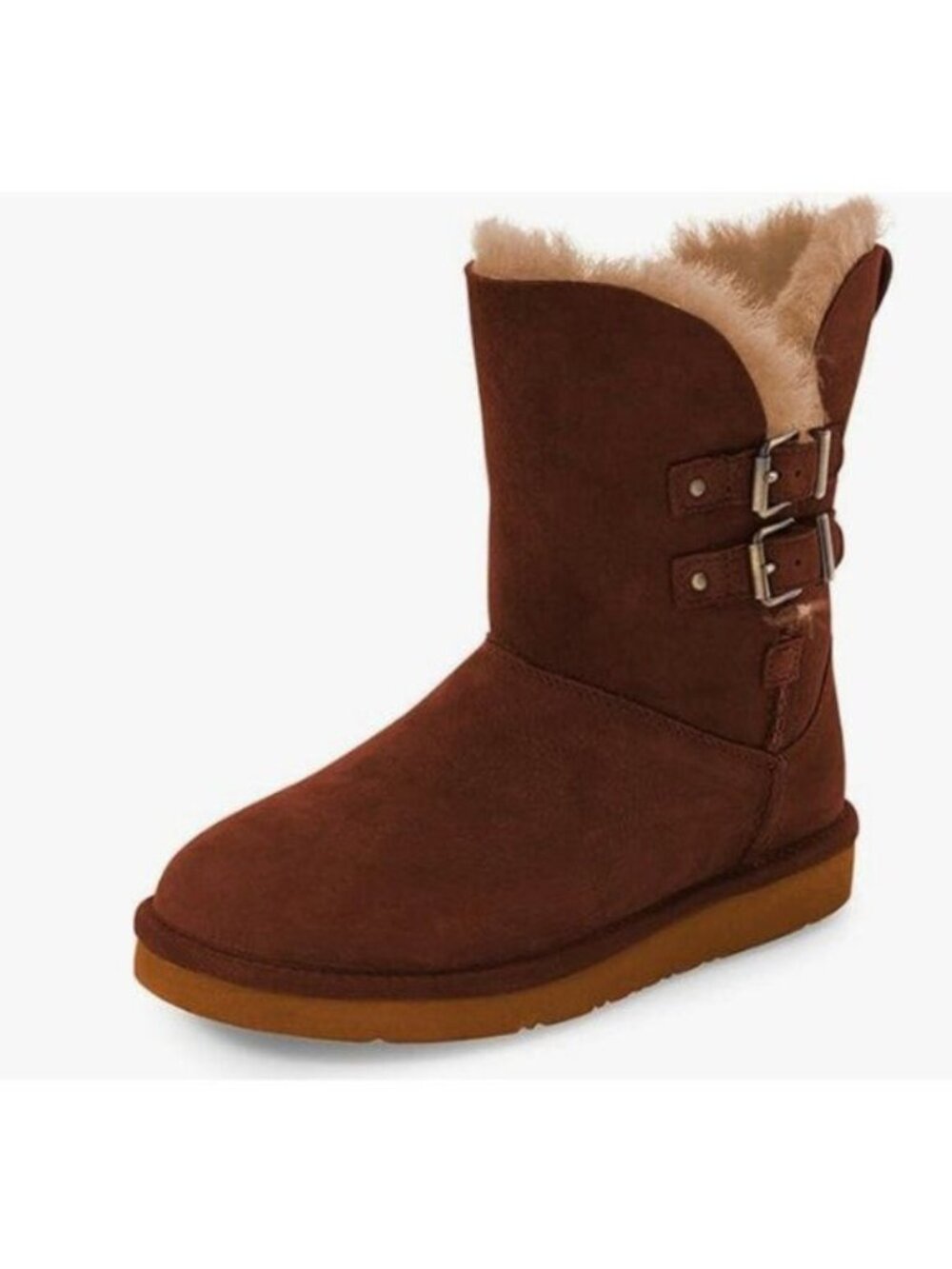 FSJ Brown Mid Calf Fully Fur Lined Winter Snow Boot with Chic Buckles Flat
